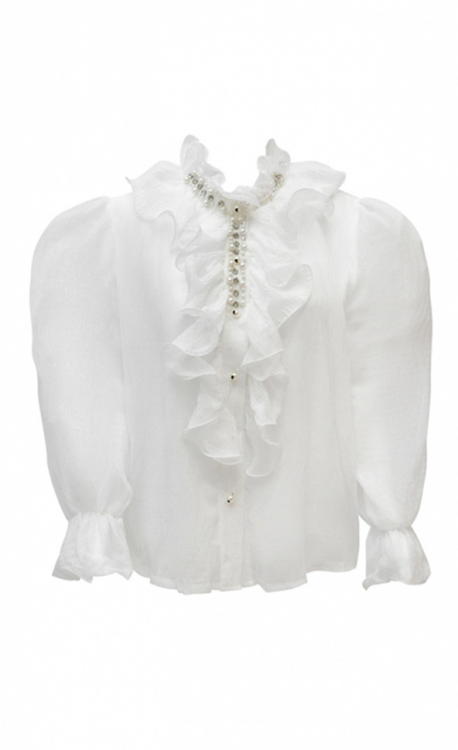 Блуза "Линдси" белая, шифон, с жемчугом и стразами-стеклярусом и с воланами