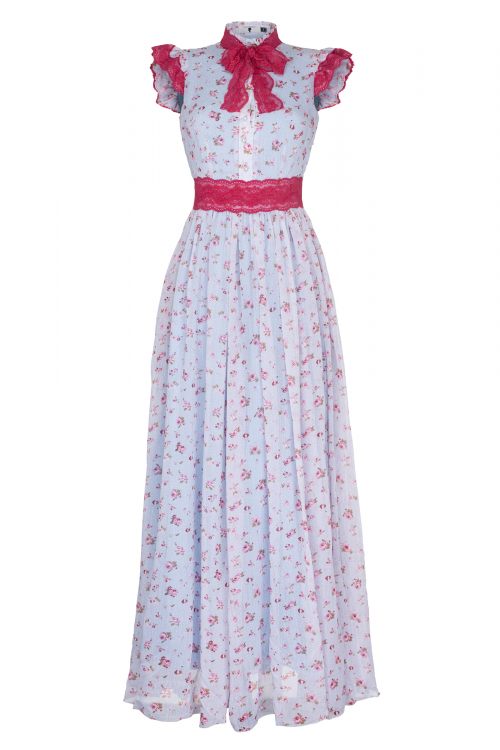 Платье "Памела" голубое с розовым кружевом