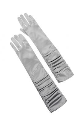 Перчатки серо- серебристые, атлас (шелк), со сборками