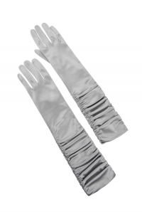 Перчатки серо- серебристые, атлас (шелк), со сборками