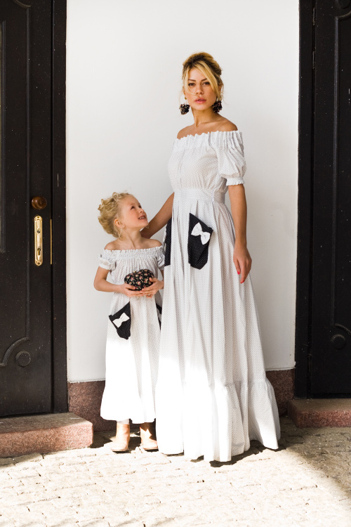 Платье "Мишель-Детское" белое в черный горошек