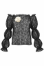 Блуза "Лючия" черная, кружево, с топом и брошью, рукава фонарики, резинка по декольте