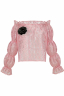 Блуза "Лючия" розовая, кружево, с топом и брошью, рукава фонарики, резинка по декольте