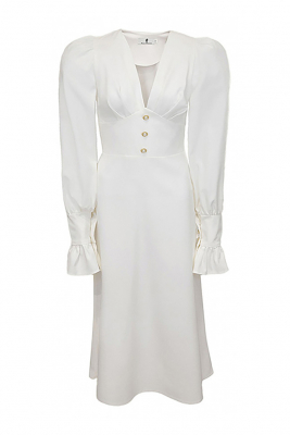Платье "Лоренсия" белое, с манжетами, декорировано пуговицами, миди