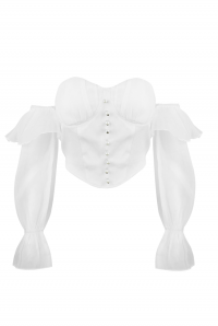 Блуза - топ - корсет белый, рукава фонарики шифон, с воланами, пуговицы 