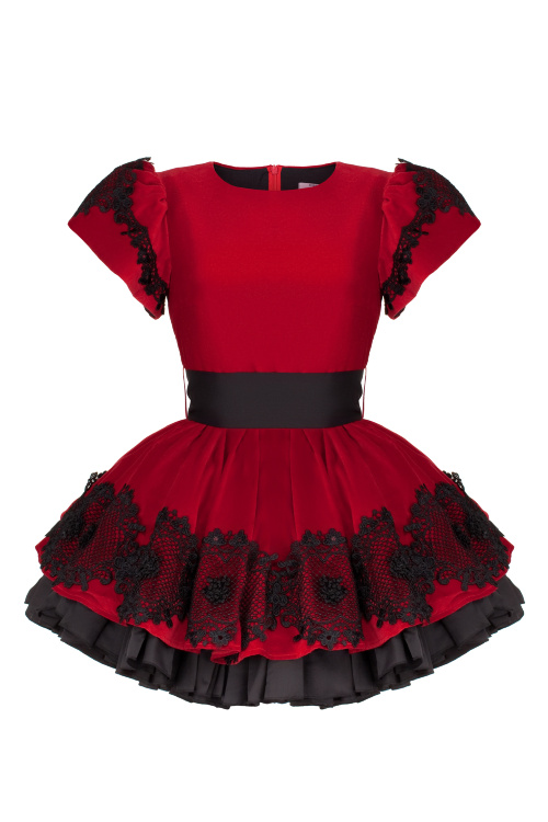Платье "Амели" красный бархат, черное кружево, мини