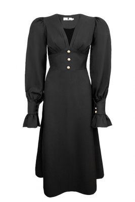 Платье "Лоренсия" черное, с манжетами, декорировано пуговицами, миди