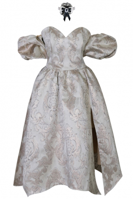 Платье "Версаль" молочное с золотистым, атлас, вышивка, вензеля, миди