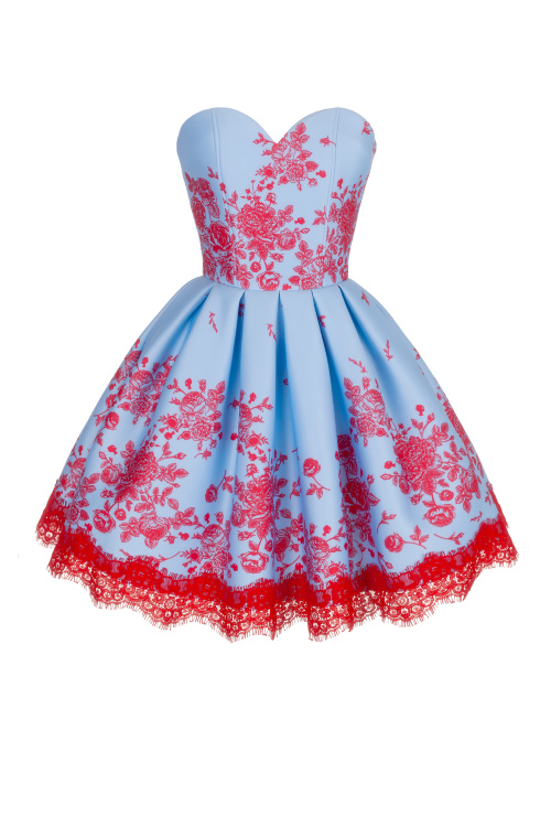 Платье "Аннета" голубое, красный принт, мини