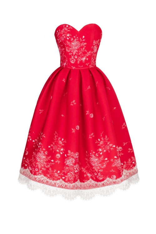 Платье "Аннета" красное, молочный принт, миди