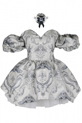 Платье "Версаль" серебристо - серое, атлас, вышивка, вензеля, мини