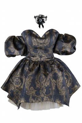 Платье "Версаль" темно - синее с золотистым, атлас, вышивка, вензеля, мини