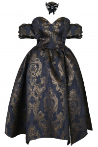 Платье &quot;Версаль&quot; темно - синее с золотистым, атлас, вышивка, вензеля, миди