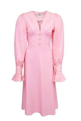 Платье "Лоренсия" розовое, с манжетами, декорировано пуговицами, миди