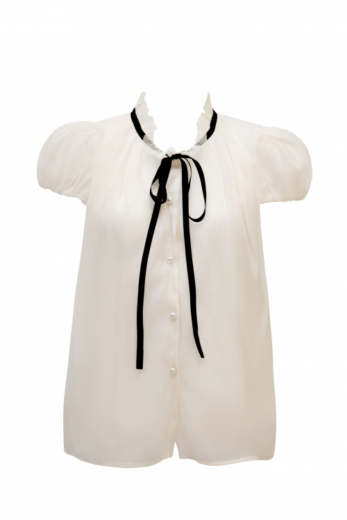 Блуза "Мерсия" светло-бежевая, фатин с кружевом, черная лента - бант