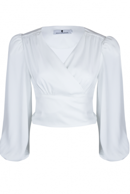 Блуза - кроп - топ "Энрика" белая, атлас (шелк), завязки бант по талии