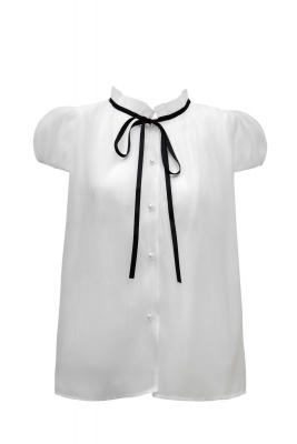 Блуза "Мерсия" белая, фатин с кружевом, черная лента - бант