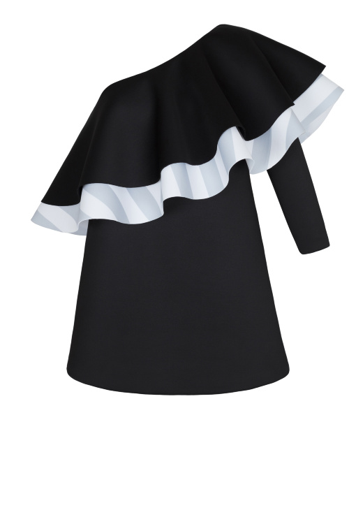 Платье "Космо" черное с белыми полосками, волан, мини