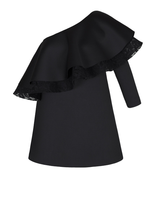 Платье "Космо" черное с черным кружевом, волан, мини