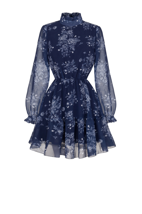 Платье "Амедеа" синее, молочный принт, мини
