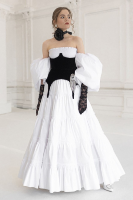 Платье "Лилит" белое, хлопок + баска с брошью, макси