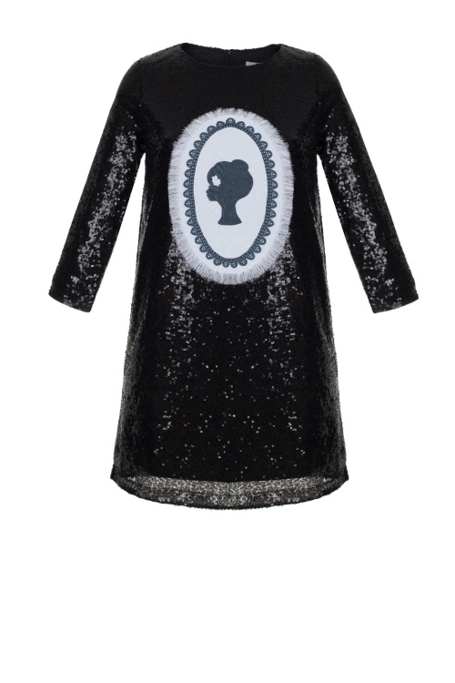 Платье "Одри" черное, пайетки глянец, лого, мини