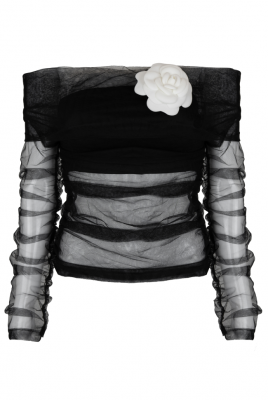 Блуза "Эмилия" черная, фатин, рукава в сборку, с топом и брошью