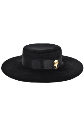 Шляпа "Канотье" черная, бархат, золотистое лого